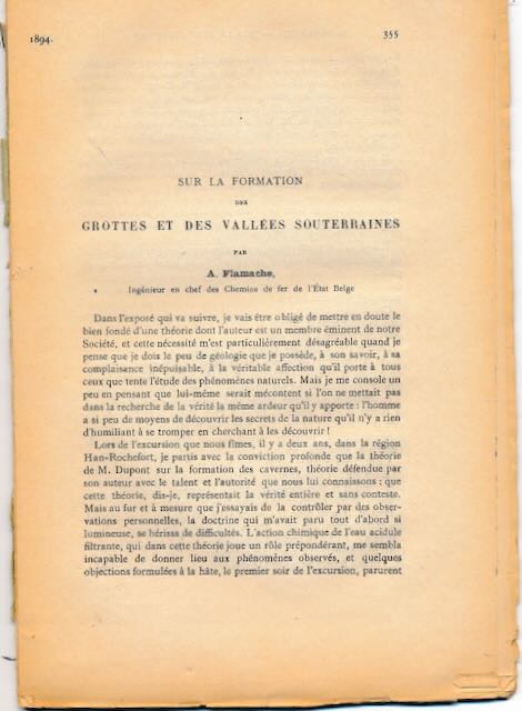Flamancge A. & E Van den Broeck - Sur le Formation des Grottes et des Valles Souterraines. & Rponse a la note critique de M.A. Flamanche.