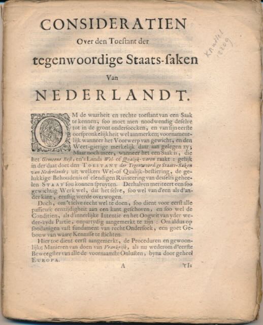 Een liefhebber van 't Gemeene Best - Consideratien over den toestant der tegenwoordige staats-saken van Nederlandt: Origineel pamflet zonde omslag.